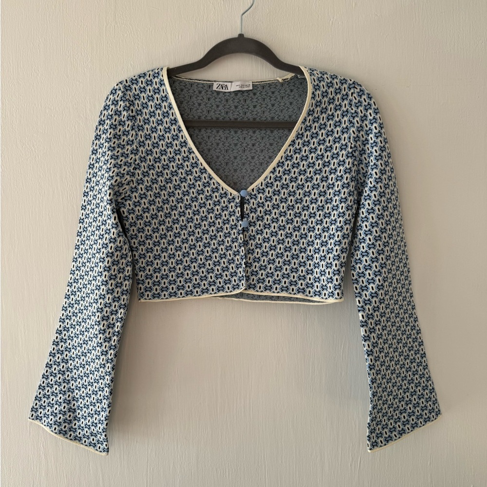Zara blue printed knit v neck button bell sleeve cardigan sweater